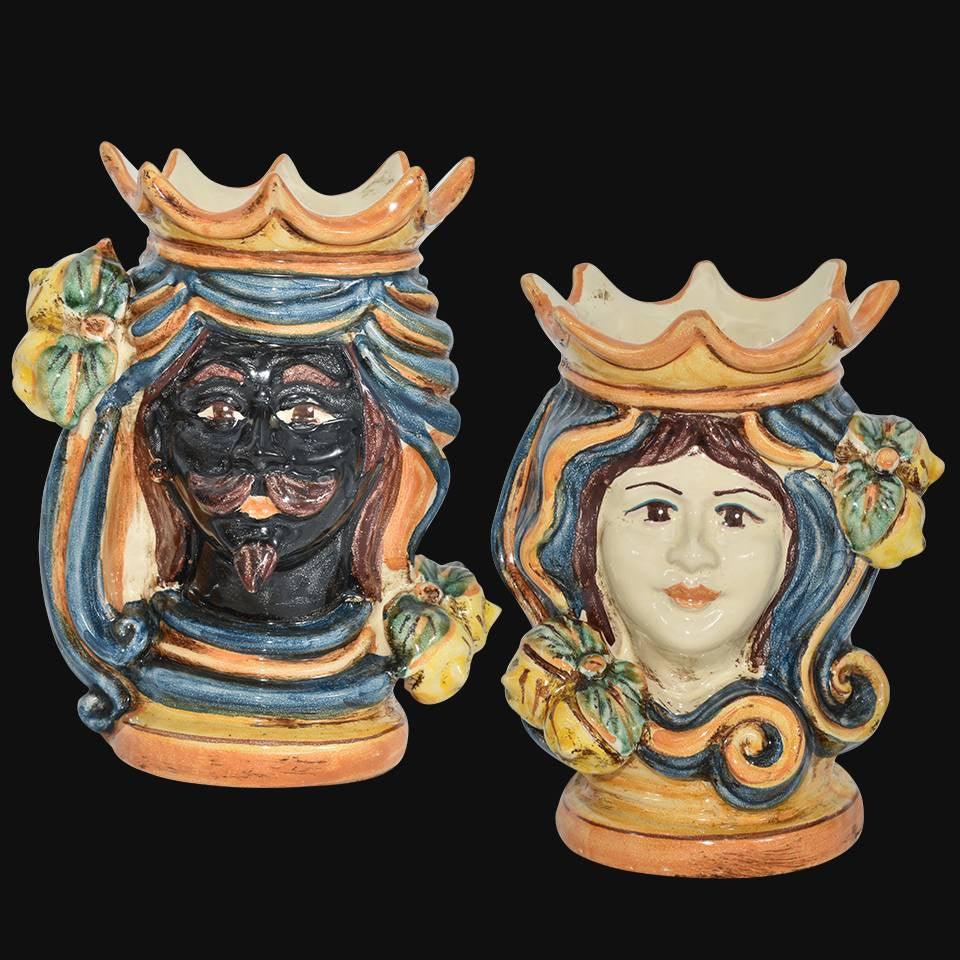 Coppia di Teste di moro h 15 in Blu e Arancio maschio moro - Ceramiche di Caltagirone Sofia