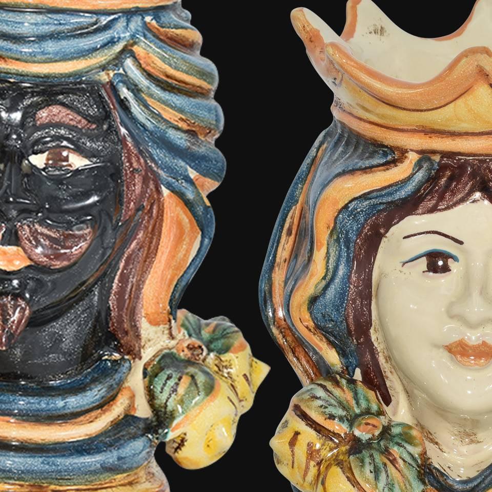 Coppia di Teste di moro h 15 in Blu e Arancio maschio moro - Ceramiche di Caltagirone Sofia
