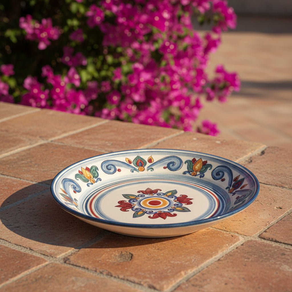 Piatto in ceramica artistica di Caltagirone decorato a mano, motivi floreali colorati, ceramiche caltagirone fatti a mano.