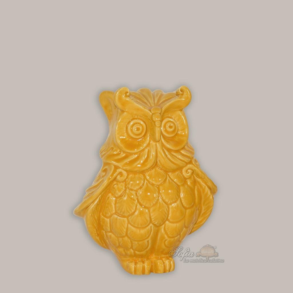 Gufo in ceramica senape, decorazione artigianale ceramiche Caltagirone fatti a mano
