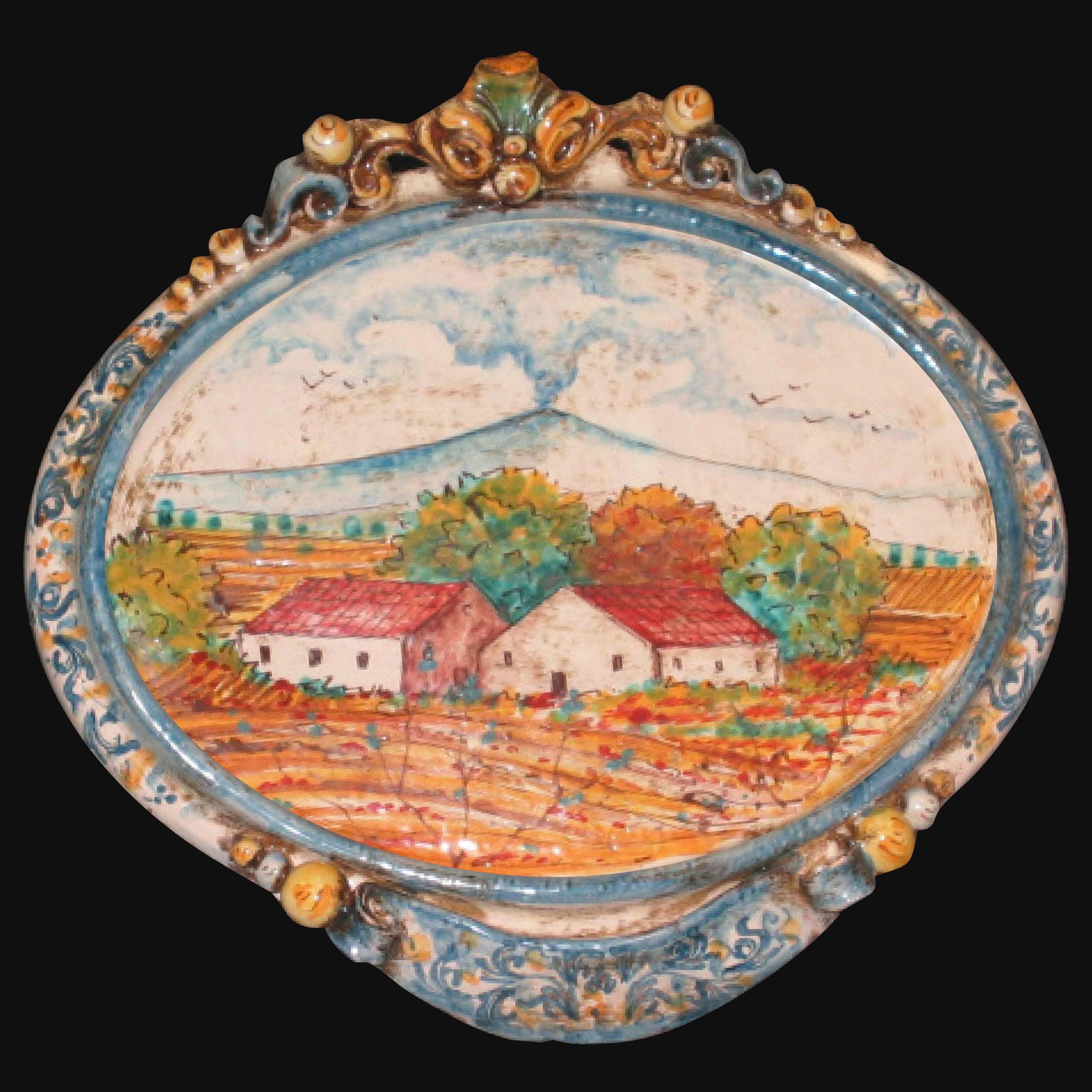Ovale orizzontale medio con paesaggio etna 23x25 blu e arancio in Ceramica Artistica di Caltagirone - Ceramiche di Caltagirone Sofia