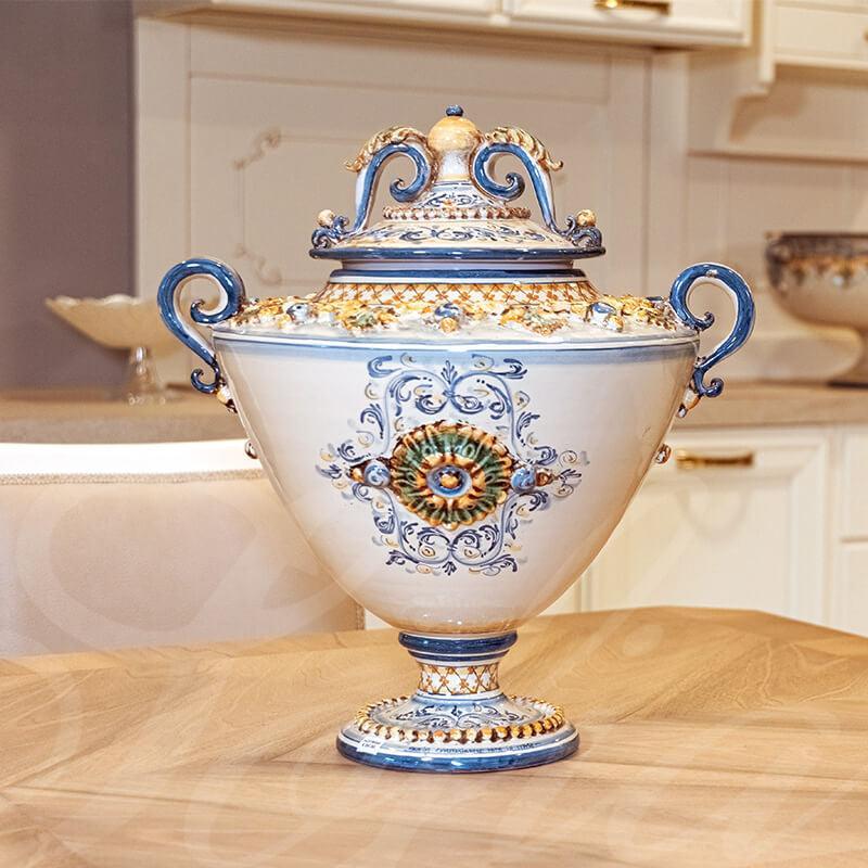 Jarrón Potiche con Pie H 38 cm, Plastico Sofia, Tricolor – Mayólica siciliana hecha a mano en Caltagirone