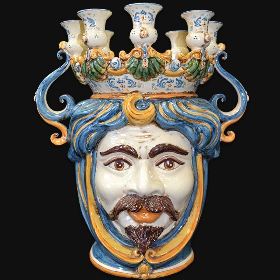 Testa a candeliere h 40 blu e arancio maschio bianco - Ceramiche di Caltagirone Sofia