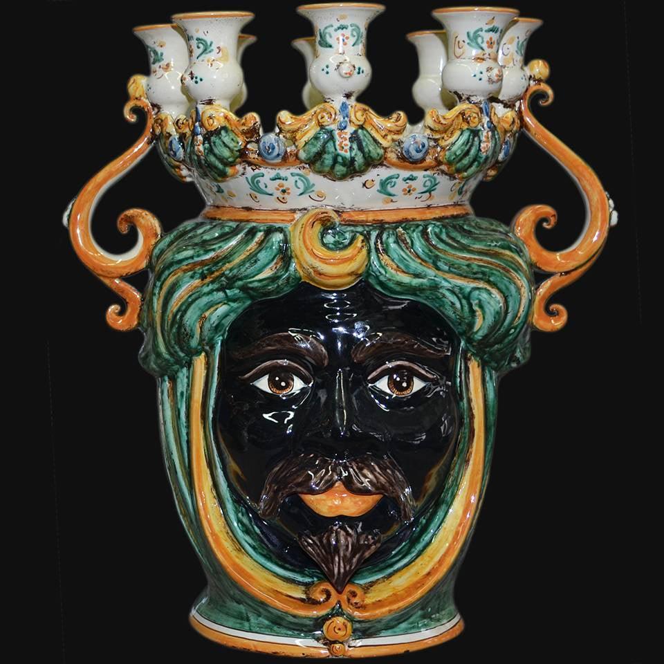 Testa a Candeliere h 40 verde/arancio Maschio Moro - Ceramiche di Caltagirone Sofia