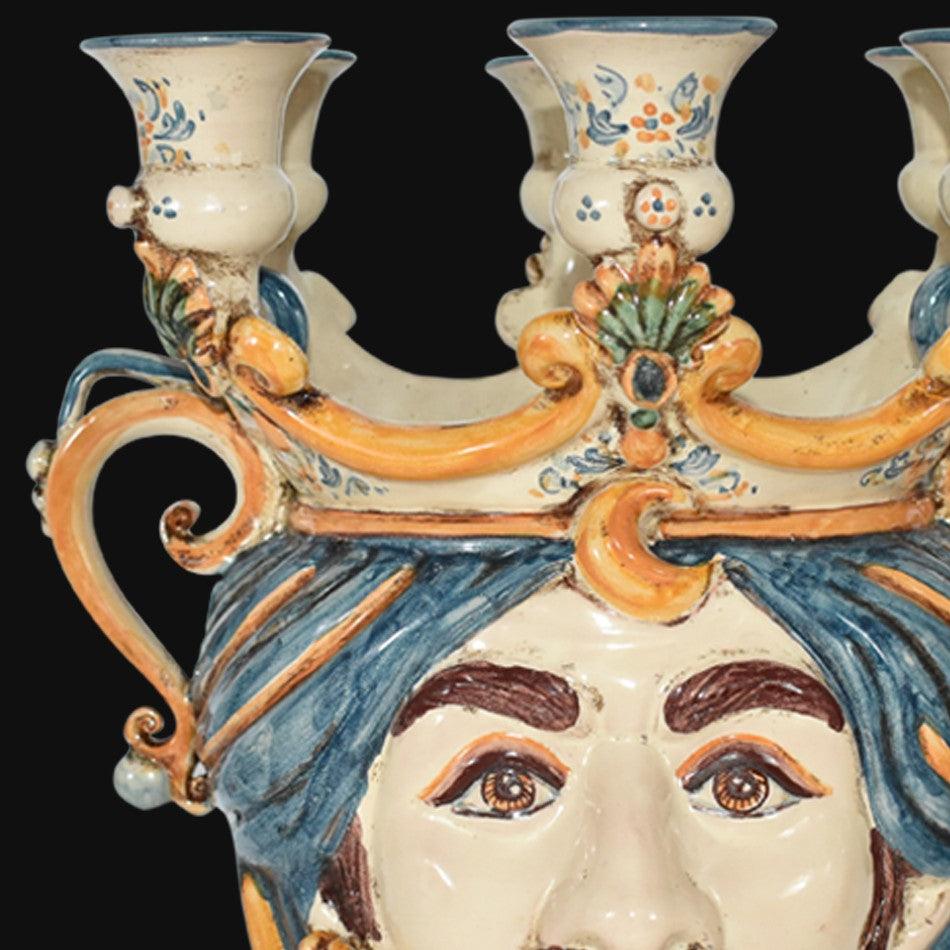 Testa h 25 a candeliere blu e arancio maschio bianco - Ceramiche di Caltagirone Sofia