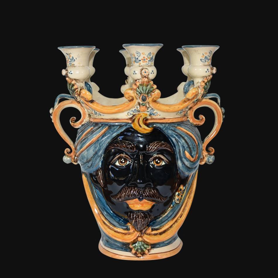 Testa h 25 a candeliere blu e arancio maschio moro - Ceramiche di Caltagirone Sofia