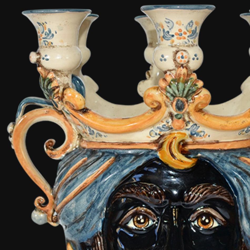 Testa h 25 a candeliere blu e arancio maschio moro - Ceramiche di Caltagirone Sofia