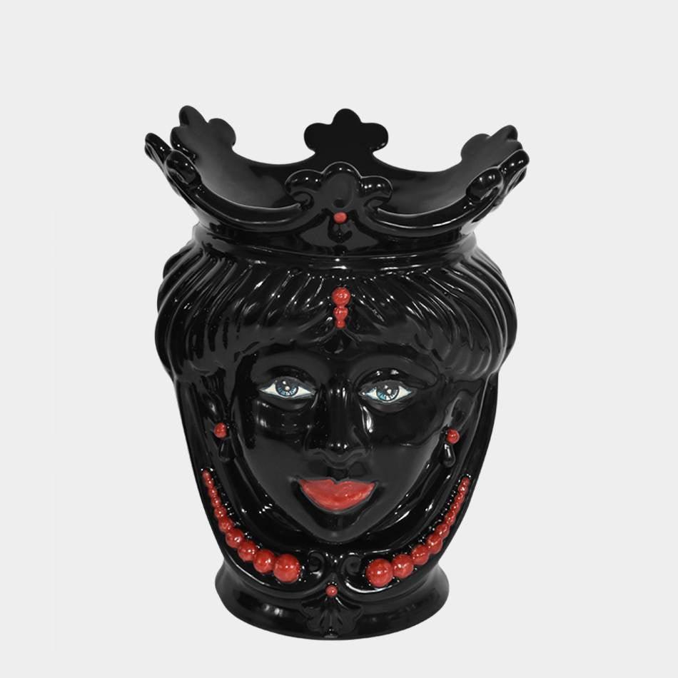 Testa h 25 con perline rosse black lucido femmina - Ceramiche di Caltagirone Sofia