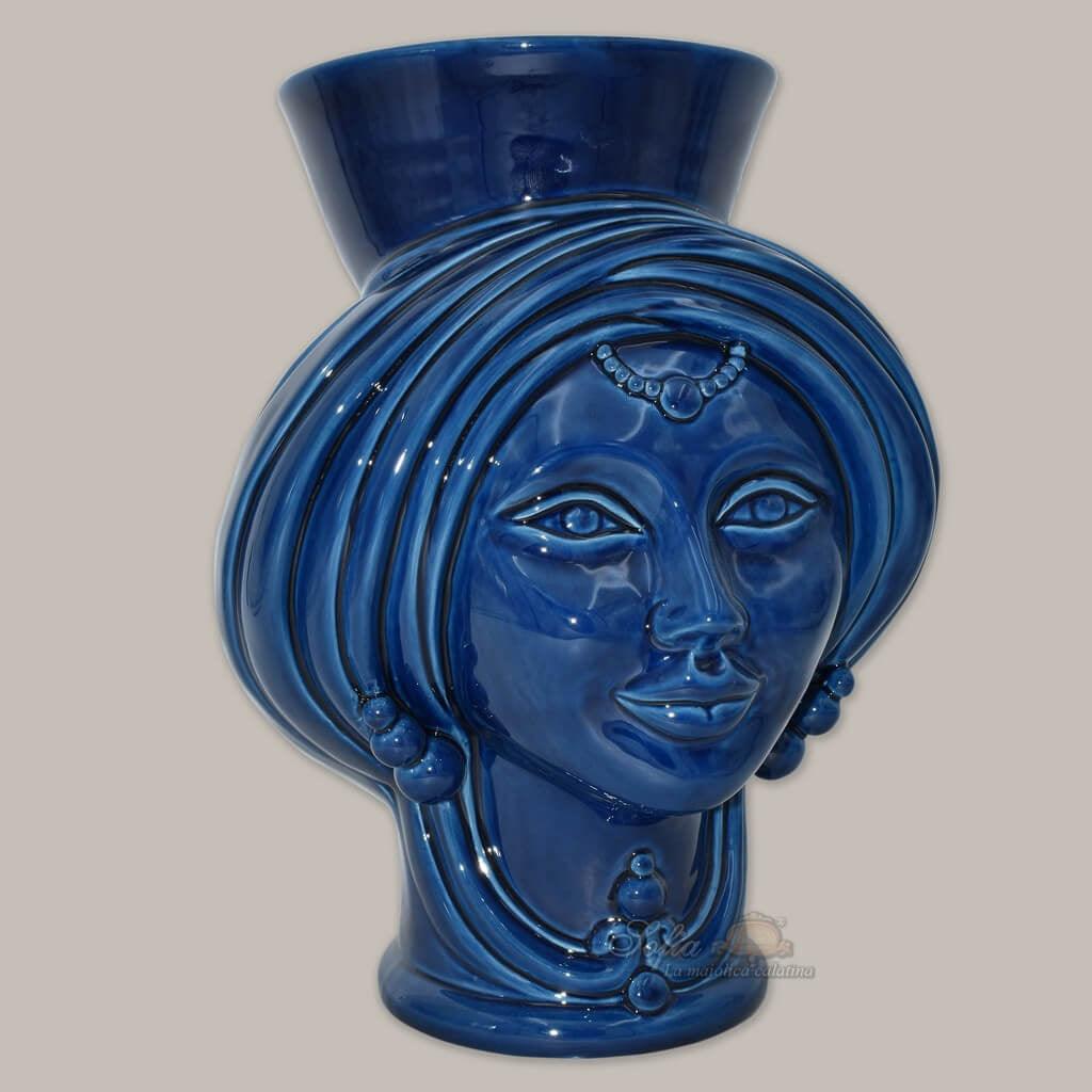 Testa h 30 Blu Intenso Donna corona liscia - Teste di moro moderne Sofia Ceramiche - Ceramiche di Caltagirone Sofia