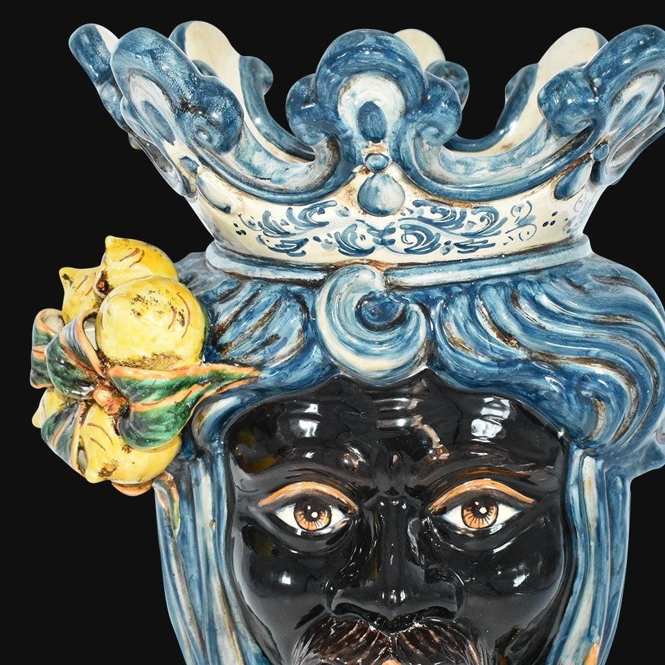 Testa h 40 con limoni mono blu maschio moro - Ceramiche di Caltagirone Sofia