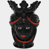 Testa di Moro con Perline, Donna, con Perline Rosse, corona e perle. Ceramica siciliana di Caltagirone, Sofia