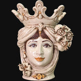 Testa di Moro con Melograni, Donna, Avorio, corona e dettagli floreali. Ceramica siciliana di Caltagirone, Sofia