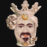 Testa di Moro con Melograni, Maschio Bianco, Avorio, corona e decori floreali. Ceramiche Sofia, Caltagirone