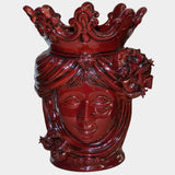 Ceramica di Caltagirone fatta a mano con volto femminile e corona, colore rosso intenso