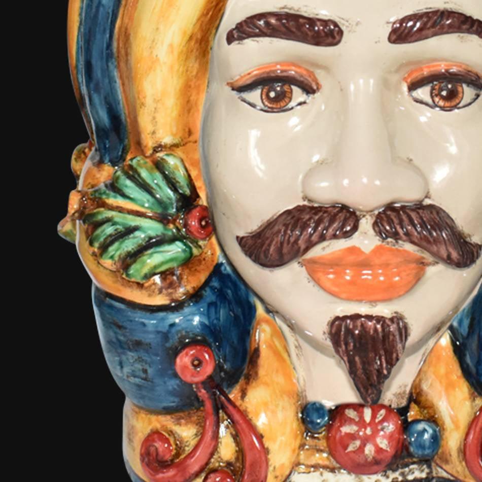 Testa h 40 turbante in blu e arancio maschio bianco - Ceramiche Di Caltagirone Sofia - Ceramiche di Caltagirone Sofia