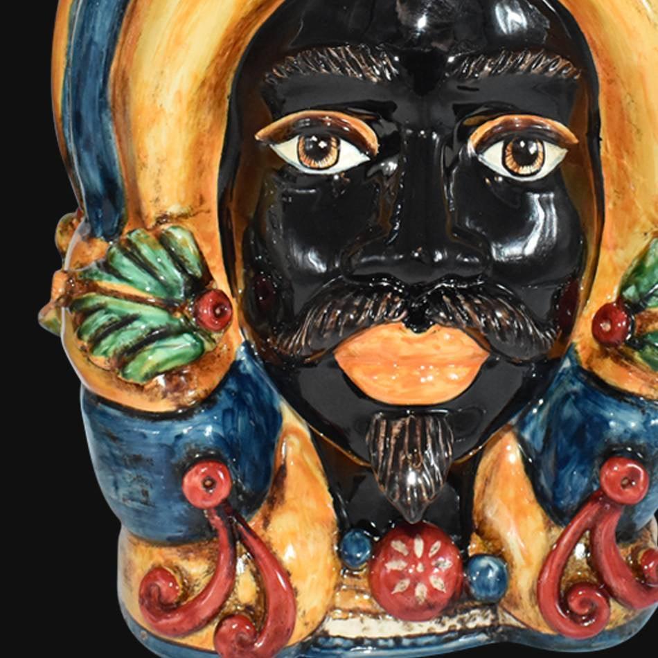 Testa h 40 turbante in blu e arancio maschio moro - Ceramiche Di Caltagirone Sofia - Ceramiche di Caltagirone Sofia