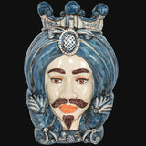 Testa di Moro con Turbante, Maschio Bianco, Mono Blu, turbante e corona. Ceramica siciliana di Caltagirone, Sofia