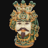 Testa di Moro con Turbante, Maschio Bianco, Verde e Arancio, corona e fiori colorati. Ceramiche Sofia, Caltagirone
