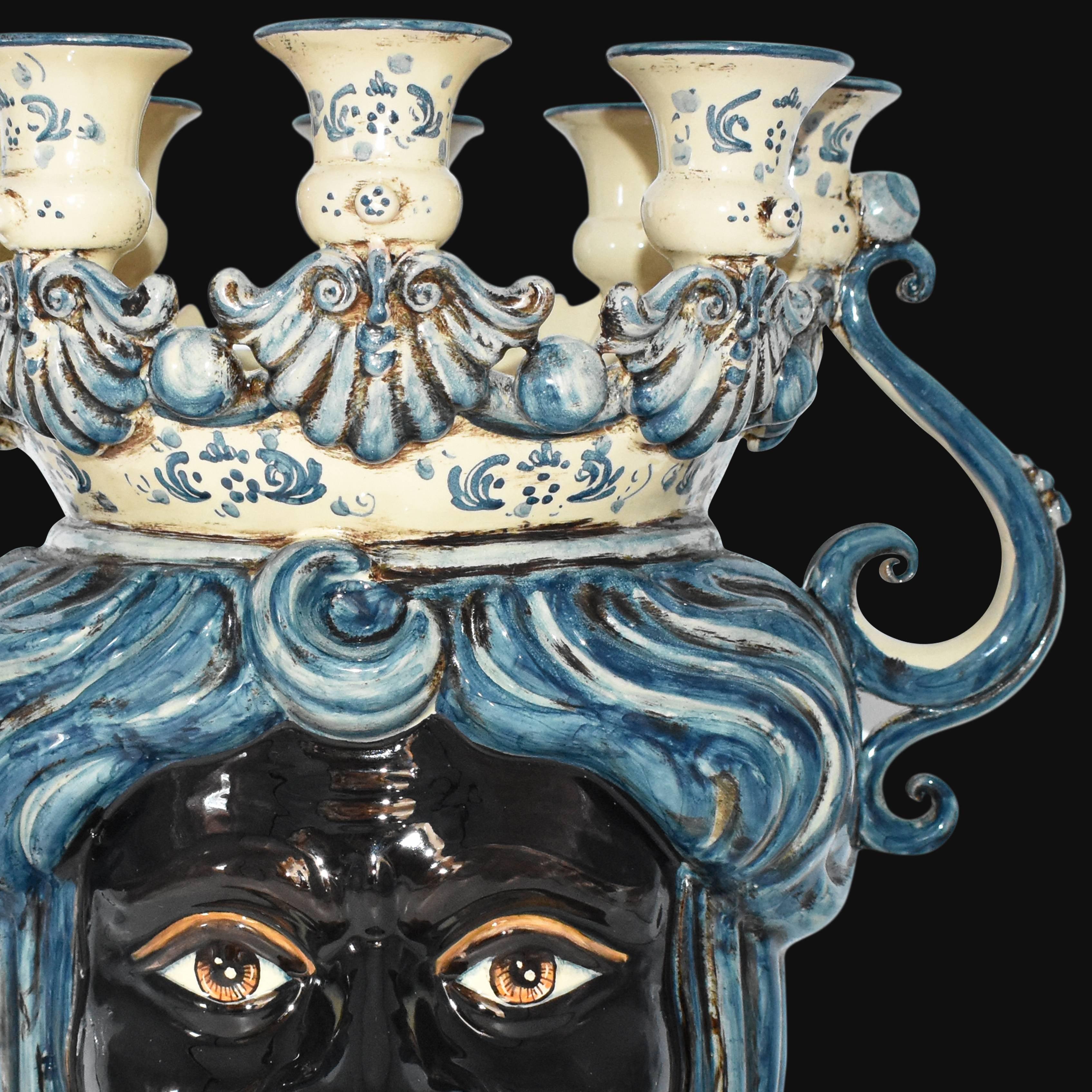 Teste a candeliere h 40 mono blu maschio moro - Ceramiche di Caltagirone Sofia