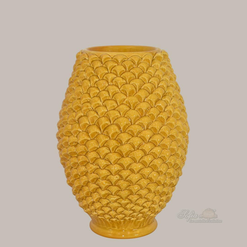 Caltagirone handmade pinecone vase modeled by hand height 25 cm in mustard